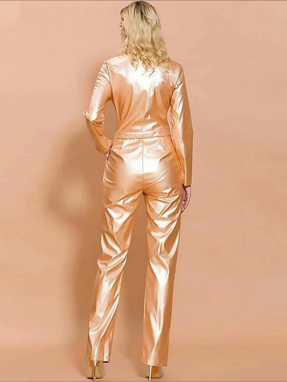 Chic Rosegold High Neck Long Sleeves Latex Jumpsuit. - Picture 3 of 15